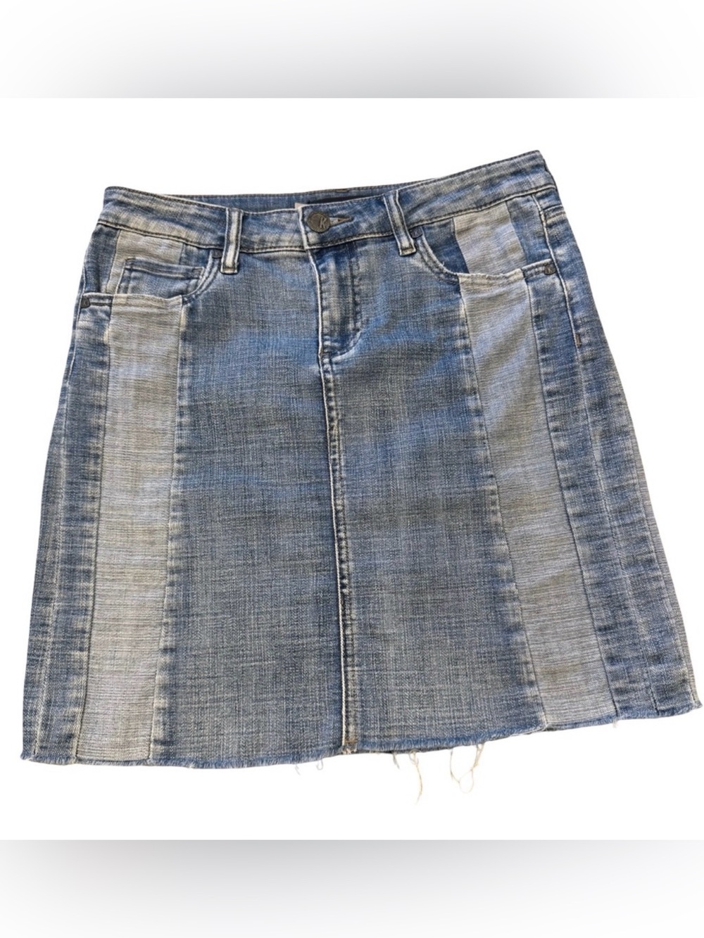 KUT Denim JeanSkirt size 4 raw hem two tone light and medium wash